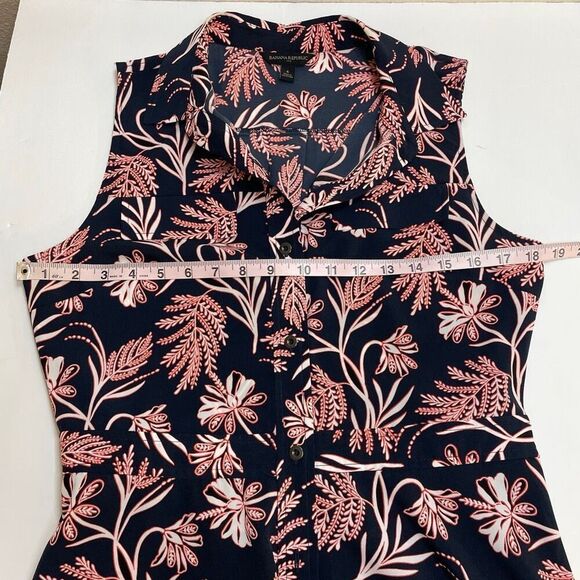 Banana Republic Navy Blue Coral Floral Midi Button Down Tie Waist Sleeveless Shi - Picture 5 of 10